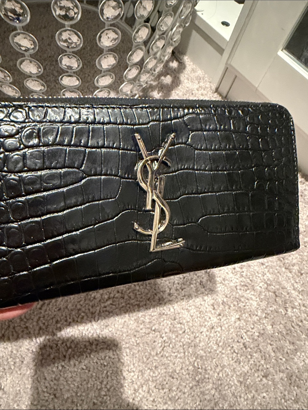 YSL Saint Laurent Black Croc-Embossed Zip Around Wallet with Silver YSL Logo - Picture 2 of 10